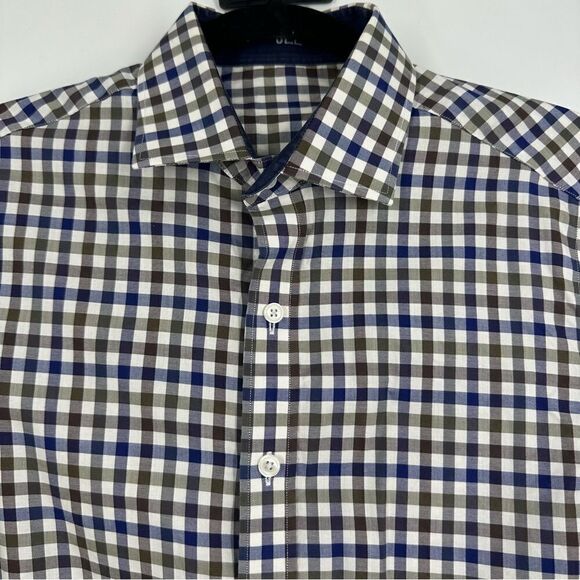J. HILBURN Custom Men’s Navy and Brown Plaid Long-Sleeve Button Down Shirt sz M - Picture 3 of 7